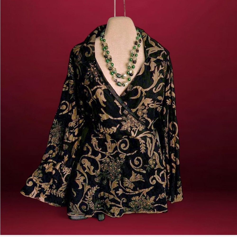 Ulla Popken Black and Gold A-Line Wrap Blouse